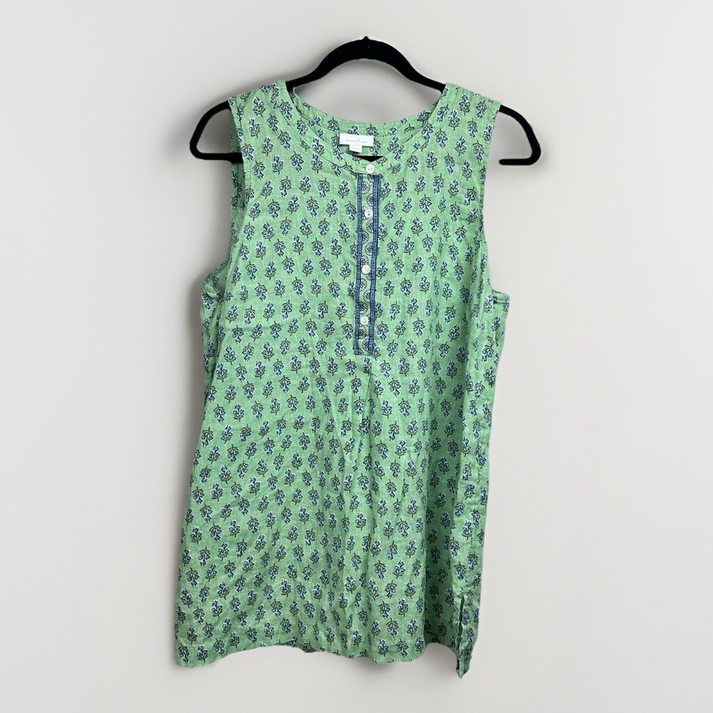J Jill Pure Jill 100% Linen Green Floral Pullover Sleeveless Blouse Women Large